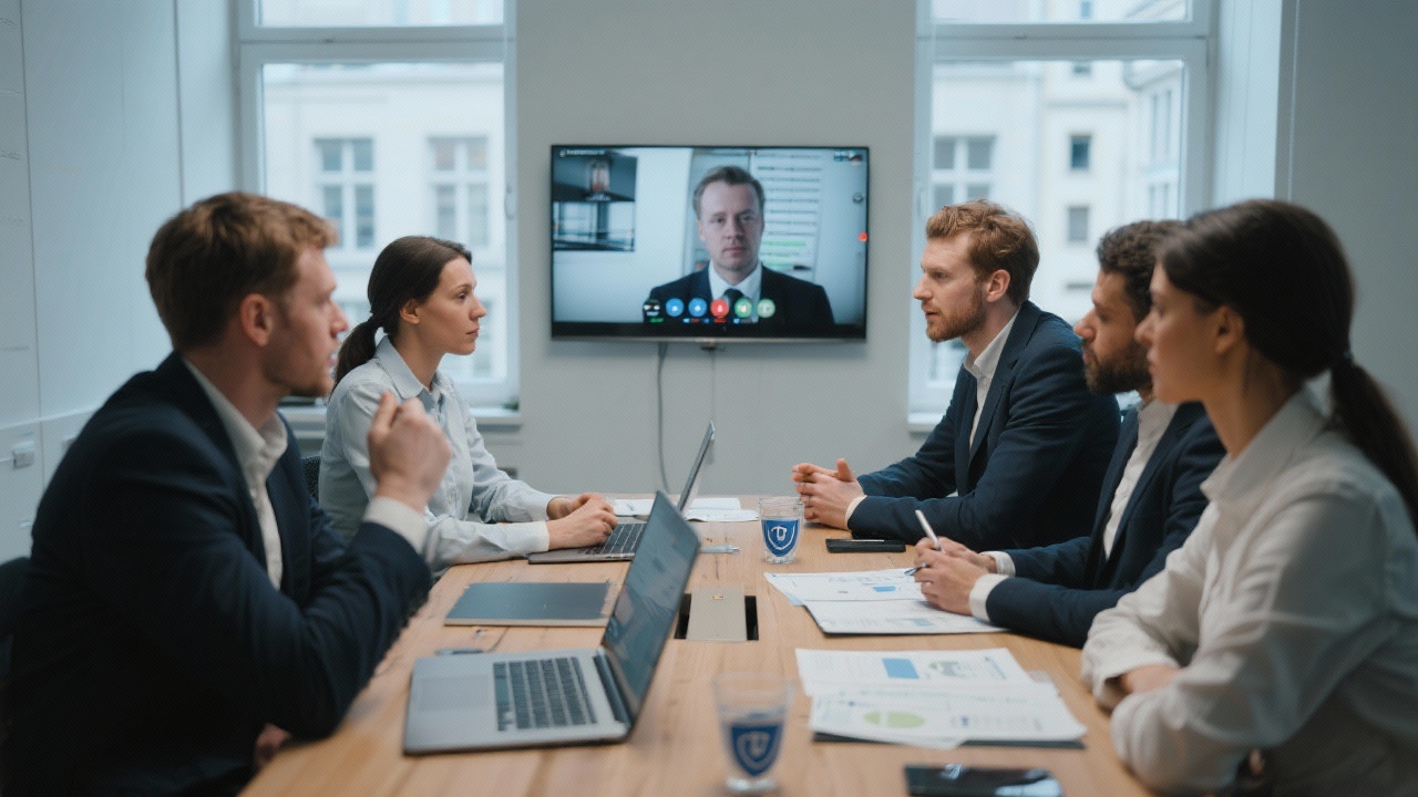 Professional consulting team in Berlin office discussing client requirements around a table with laptops, secure video conference and project documentation
