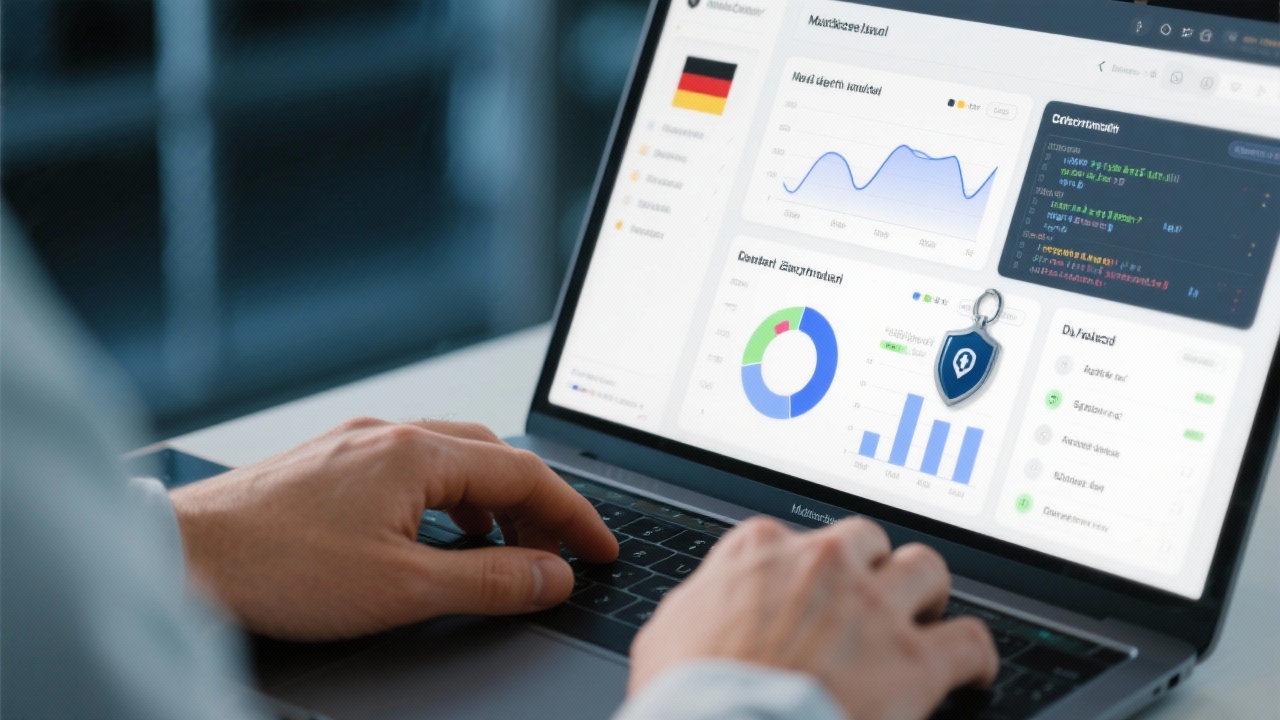 Close up of data analyst hands operating German-language dashboards with predictive analytics charts, SQL query windows and secure access tokens on secure laptop