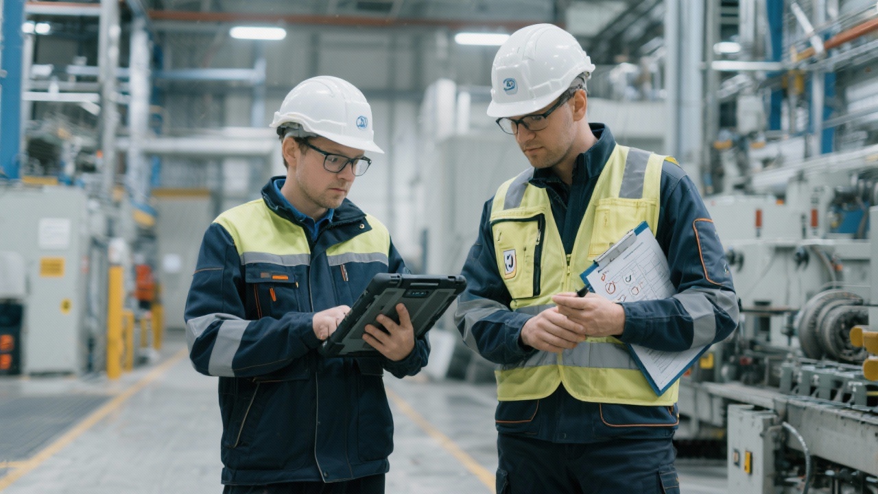 Operations specialists inspecting a German manufacturing facility with digital checklists, safety gear and compliance documentation on rugged tablets