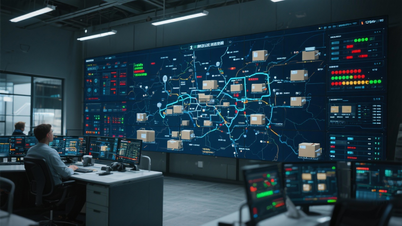 Logistics control room with interactive transport flow map, freight status lights, and planners tracking German distribution hubs on large video walls