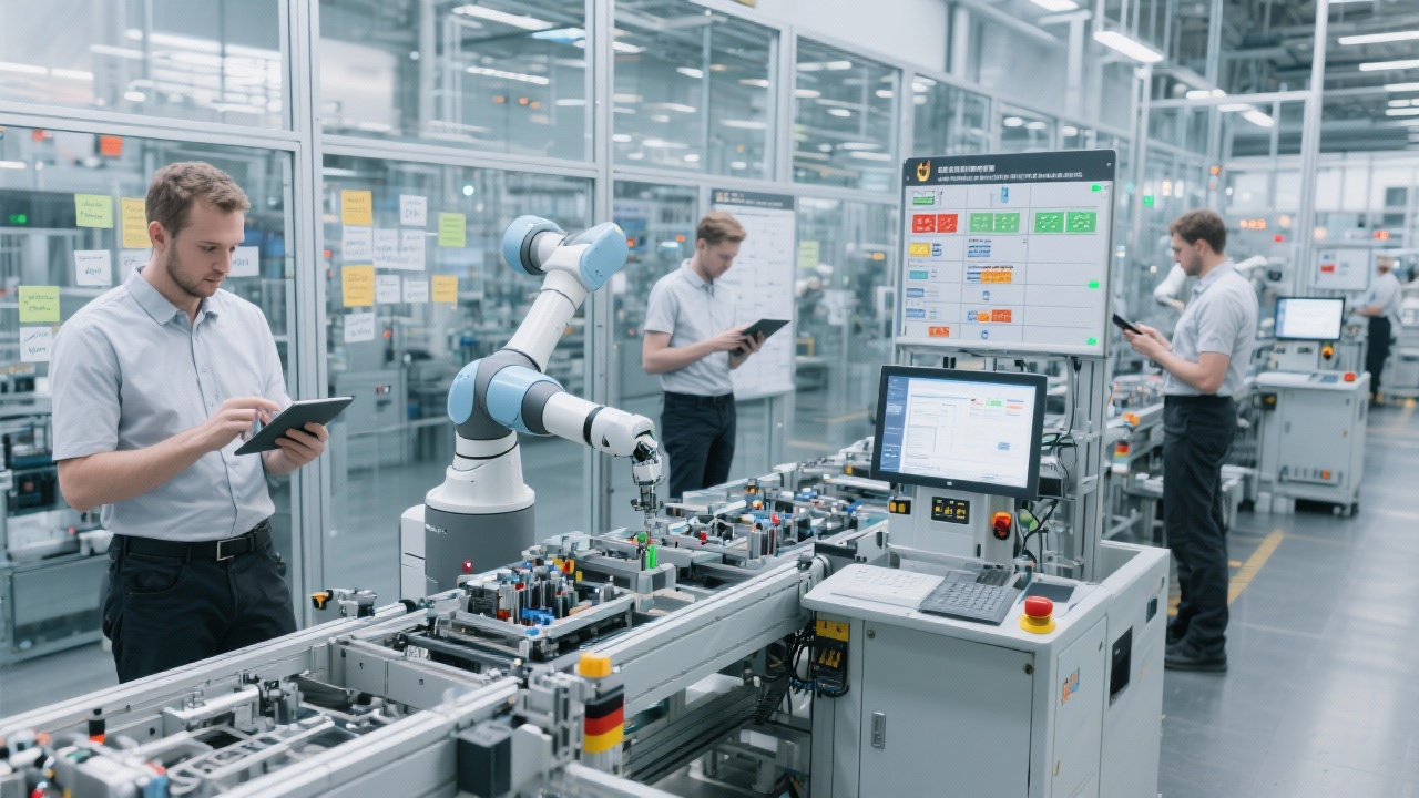 Panoramic view of an automated German assembly line with collaborative robots, operators using tablets, andon boards and lean improvement notes on glass walls