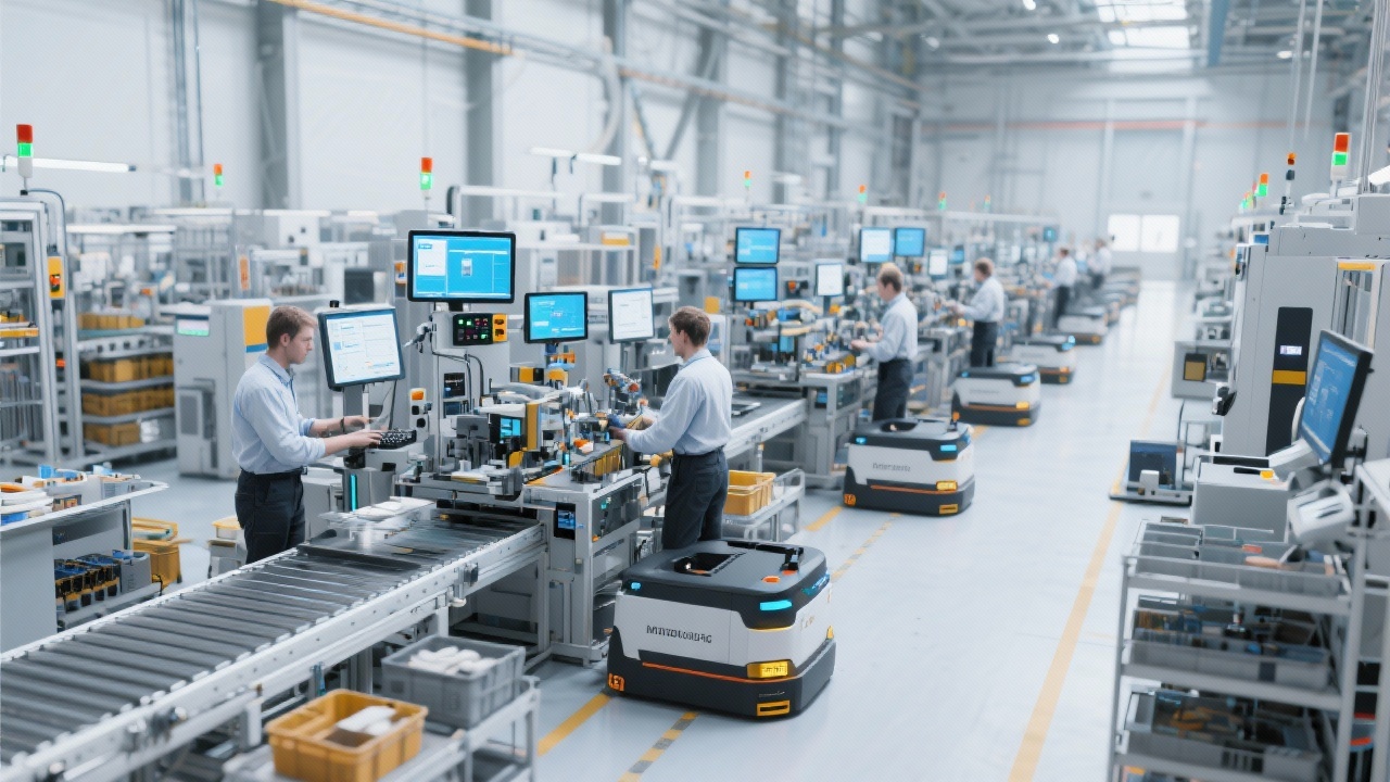 Bright German production hall with synchronized assembly line, operators following standardized work andon screens and automated guided vehicles delivering materials