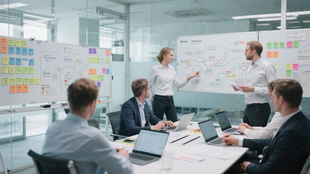 Modern collaboration workshop with German engineers and consultants using kanban boards, laptops and value stream maps in a glass walled meeting room